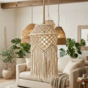 Hand-woven macramé bohemian hanging lamps featuring long cotton tassels and cream-colored knots.