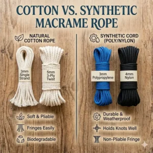 An illustration comparing natural cotton macrame rope with synthetic cord, highlighting texture differences.