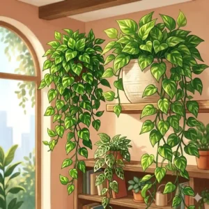 A lush golden pothos plant with variegated yellow and green leaves trailing down from a modern white wall shelf.