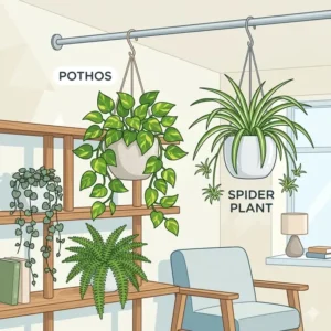 Illustration showing common indoor hanging basket plants like pothos and spider plants styled in a modern living room.