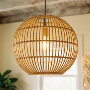 Detailed close-up of a natural rattan bohemian hanging lights showing the intricate hand-woven pattern and warm bulb glow.