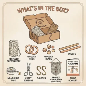 Flat lay illustration of macrame kit components including recycled cotton rope, S-hooks, and measurement tape.