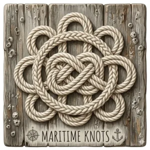 Nautical rope art illustration featuring a detailed sailor's knot within a woven frame on a weathered wood plank, with a compass and anchor.