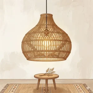Intricately woven rattan pendant boho dining room light adding texture to a bohemian space.