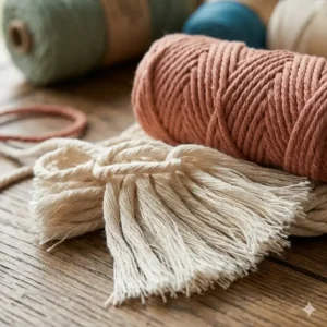 Close-up texture of soft single-twist macrame yarn showing individual cotton fibers for fringe projects.