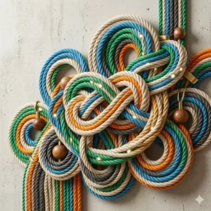 An abstract 3D rope art installation with colorful, intertwined geometric patterns and embedded light nodes, displayed against a textured concrete wall.