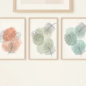 Modern bohemian artwork featuring delicate black line art of monstera and palm leaves against muted pastel watercolor blobs.