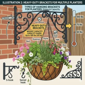 A graphic diagram illustrating the weight capacity for heavy duty hanging brackets for planters.