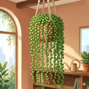 A delicate string of pearls succulent plant cascading over the edge of a ceramic hanging planter.