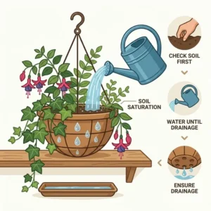 A 300x300 square illustration of an informative diagram demonstrating proper soil saturation for hanging basket plants using a stylized watering can.