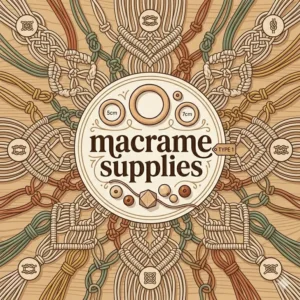 A colorful graphic showcasing various wooden rings and geometric dowels used as basic macrame supplies for wall hangings.