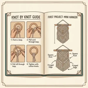 An illustrated step-by-step tutorial page included in the beginner macrame kit showing basic knot techniques.