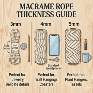 A helpful size chart showing 3mm, 4mm, and 5mm macrame rope diameters next to everyday objects for scale.