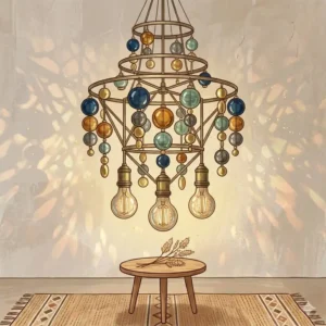 A modern chandelier style boho dining room light with gold accents in a bright dining area.