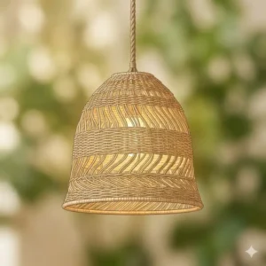 A bell-shaped bohemian hanging lamps made from sustainable natural rattan fibers.