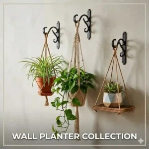 Lush green trailing ivy growing out of terracotta pots suspended by black metal planter hangers on an outdoor brick patio wall.