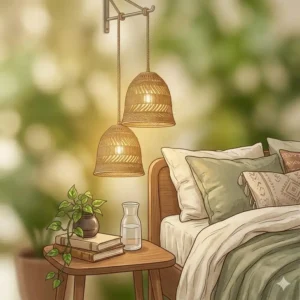 Pair of small bohemian hanging lamps used as bedside lighting in a cozy, plant-filled bedroom.