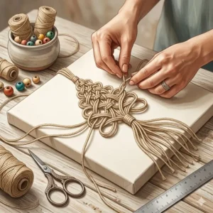 A detailed illustrative guide to creating DIY rope art, featuring hands tying a jute cord knot onto a pre-primed canvas with assorted crafting tools on a wooden table.