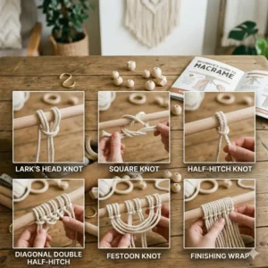 Visual guide of different knots achievable with a DIY macrame kit, such as square knots and lark's head knots.