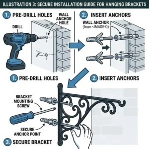 A step by step guide showing how to securely install hanging brackets for planters on a wall.