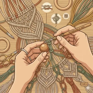 An illustration of measuring tape, fabric shears, and S-hooks representing necessary macrame supplies for beginners.