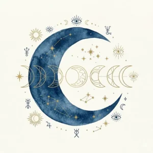 Celestial bohemian artwork displaying the phases of the moon surrounded by stars and mystical hand illustrations in gold and midnight blue.