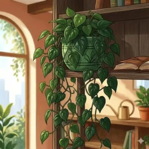 Deep green heartleaf philodendron vines climbing and trailing down a dark wood bookshelf in an indoor office space.