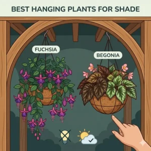 An informative square infographic illustration displaying the best hanging basket plants for shade, including Fuchsias and Begonias, in a cool, covered patio.