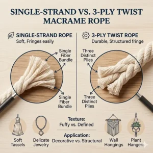 A close-up graphic showing the structural difference between a single-strand and a three-ply twisted macrame rope.