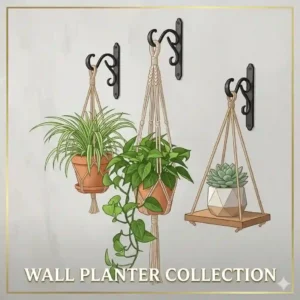 Vertical garden display utilizing multiple geometric ceramic planter hangers on a small apartment living room wall.