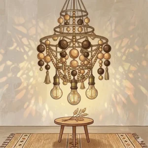 Elegant natural wood bead fixture boho dining room light hanging over a rustic dining table.