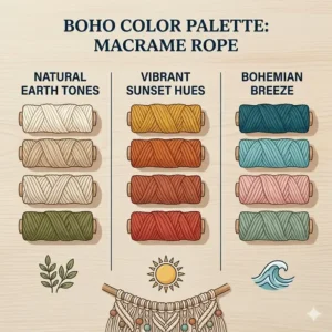 A vibrant color palette illustration featuring neutral and dyed macrame rope spools for boho decor.
