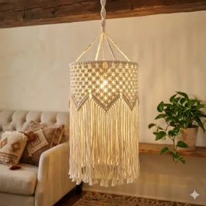 A collection of weather-resistant bohemian hanging lights illuminating an outdoor wooden deck at night.