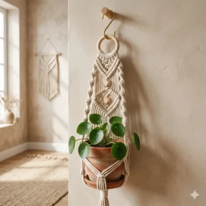 Illustration of a finished plant hanger created using a macrame kit hanging in a modern living room.