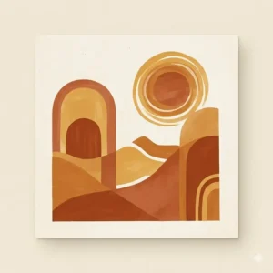 Mid-century modern inspired bohemian artwork with overlapping arches, circles, and desert landscapes in a warm ochre color palette.