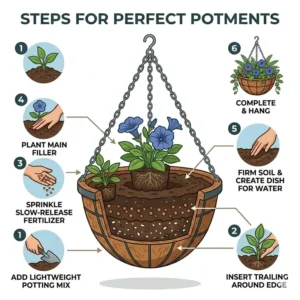 A 300x300 square infographic illustration demonstrating six numbered steps for properly layering potting soil, fertilizer, and hanging basket plants.