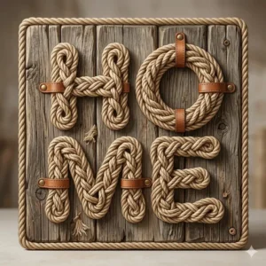 A detailed illustrative sign, featuring the word HOME rendered in intricate, knotted natural cotton rope art mounted on weathered rustic wood, held by detailed leather loops and brass fasteners.