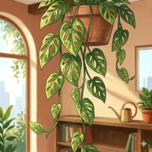 Close-up of a Monstera adansonii trailing plant showing distinct fenestrations on leaves vining downward.