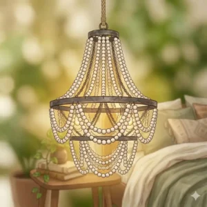 Bohemian hanging lamps designed with draped white wooden beads and a rustic metal frame.