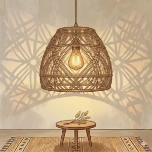 Large woven basket style boho dining room light showcasing a blend of Scandi-boho design.