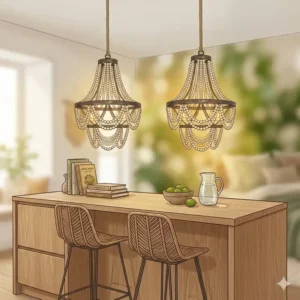 Linear arrangement of two woven bohemian hanging lamps illuminating a modern wooden kitchen island.