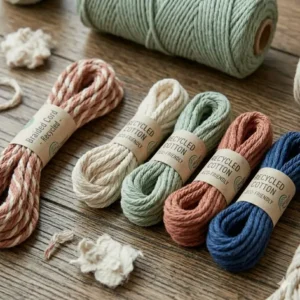 Eco-friendly macrame yarn made from recycled cotton in earthy, muted tones.