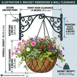 A technical diagram showing the dimensions and clearance of hanging brackets for planters.
