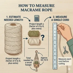 A step-by-step diagram explaining how to measure and calculate the required length of macrame rope before starting a knotting project.