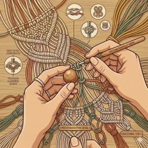 A step-by-step diagram showing a project board and pins illustrating how to set up your macrame supplies for knotting.