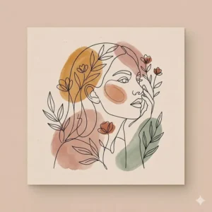 Continuous line drawing bohemian artwork of a woman's profile adorned with abstract floral elements and warm clay tones.