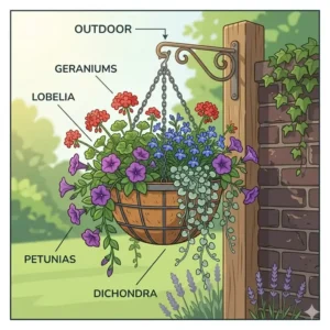 A 300x300 square infographic illustration displaying labeled outdoor hanging basket plants like trailing geraniums, lobelia, and petunias on a sunny garden patio.