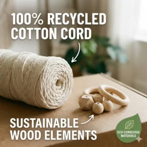 Close-up illustration highlighting the 100% natural cotton and sustainable wood used in the macrame kit.