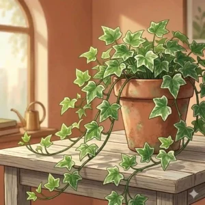 Variegated English ivy potted on a wooden tabletop with long green and white vines creeping outward.