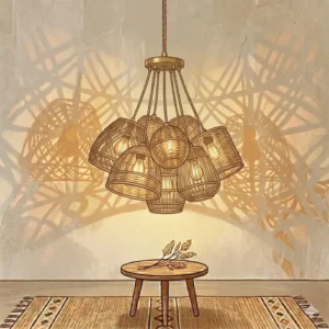 The soft and warm ambiance of a boho dining room light during a cozy evening dinner.